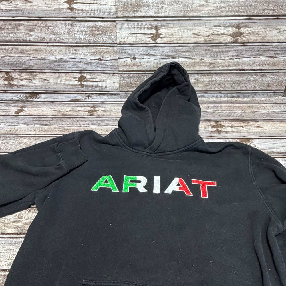Ariat Hoodie‎ Boys XL/18 Black Mexican Flag Logo Pullover Long Sleeve Pocket